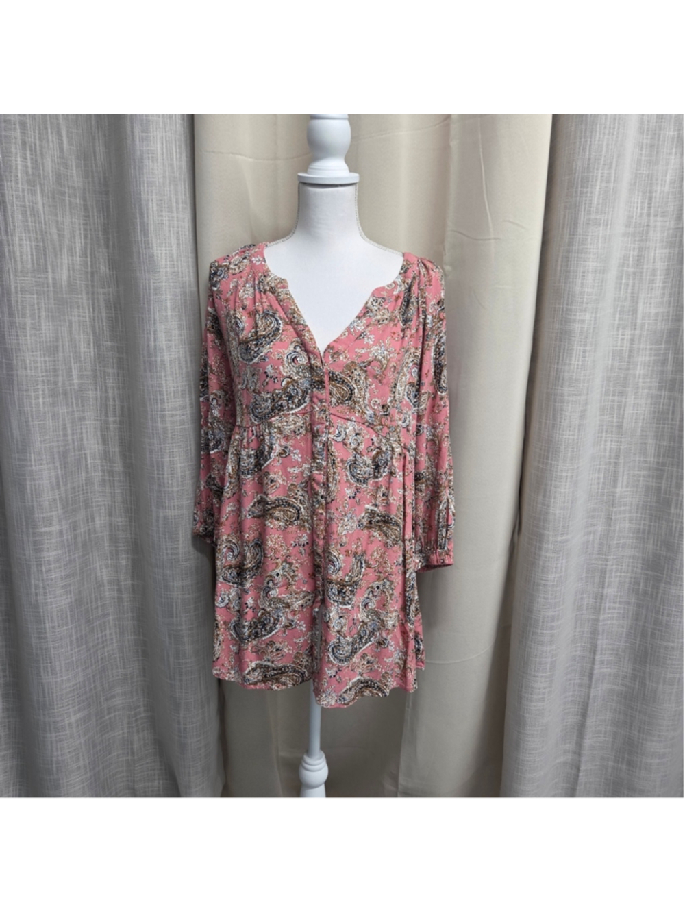 Melloday Pink Paisley V-Neck Babydoll Tunic S L Whimsigoth Cottagecore Bohemian